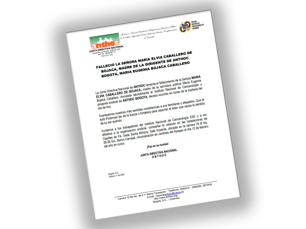 FALLECIO LA SEÑORA MARIA ELVIA CABALLERO DE BOJACA, MADRE DE LA DIRIGENTE DE ANTHOC BOGOTA, MARIA EUGENIA BOJACA CABALLERO 120220a