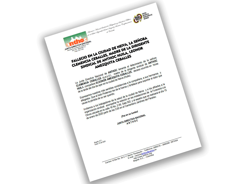 FALLECIO EN LA CIUDAD DE NEIVA, LA SEÑORA CLEMENCIA CEBALLES 140120anthoc