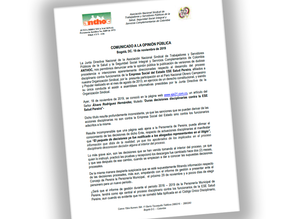 COMUNICADO A LA OPINIÓN PÚBLICA - IRREGULARIDADES ESE SALUD PEREIRA anthoc pereira