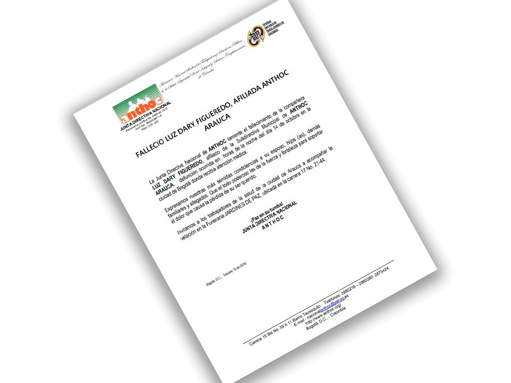 FALLECIO LUZ DARY FIGUEREDO, AFILIADA ANTHOC ARAUCA sintianto