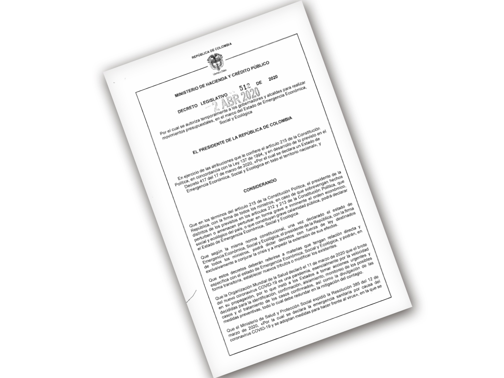 DECRETO 512 DE 2020 - AUTORIZACION TEMPORAL GOBERNADORES Y ALCALDE MOVIMIENTOS PRESUPUESTALES 512