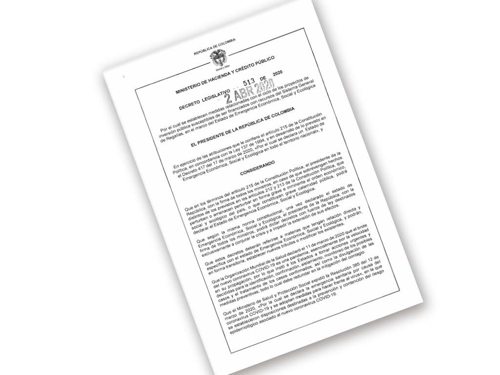 DECRETO 513 DEL 2 DE ABRIL DE 2020 -PROYECTOS DE INVERSION PUBLICA SUSCEPTIBLE DE SER FINANCIADOS CON RECURSO DEL SGR 513
