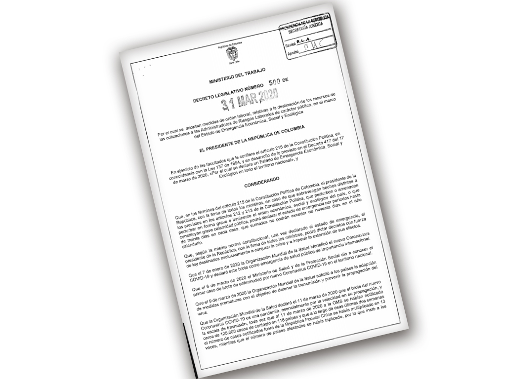 DECRETO 500 DE 2020 -DESTINACION RECURSOS ARL decreto500