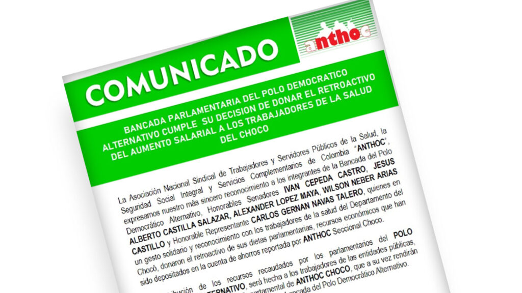 Parlamentarios del PDA cumplen con donación de su retroactivo salarial a los trabajadores de la salud del Chocó. bancada