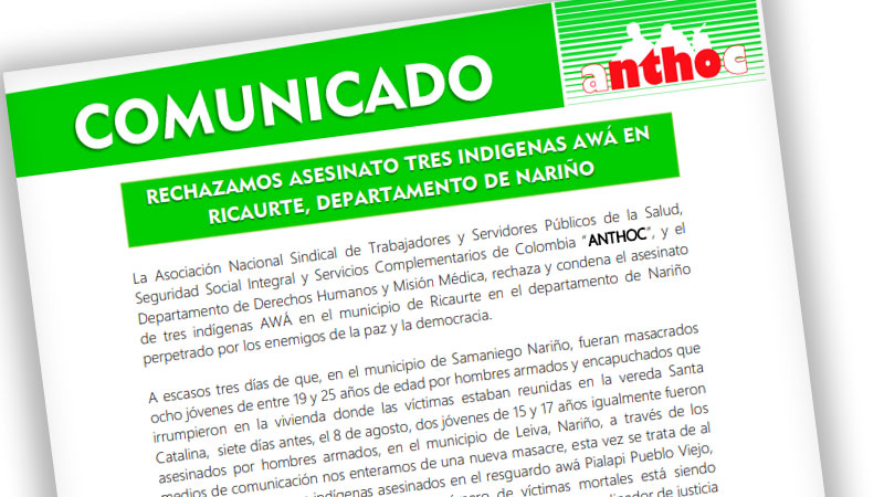 Comunicados: Rechazamos asesinato de tres indígenas Awá en Ricaurte, departamento de Nariño recha